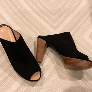 Robert Clergerie Black Suede Peep Toe Wooden Platform & Heel Sandals - Size 10